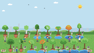 Pixel-art scene of the flooding experiment: 16 numbered potted trees in two rows at an outdoor nursery, with nine researchers measuring them using calipers, a portable photosynthesis console, a fluorometer, a height rod, a tripod instrument, clipboards, a leaf tray and a water dipstick. On the left the grass is dry, in the middle the pots stand in shallow 3-day puddles, and on the right they stand in deeper 10-day water. A wooden sign marks each plot; a city skyline, hedge, clouds and sun complete the scene.